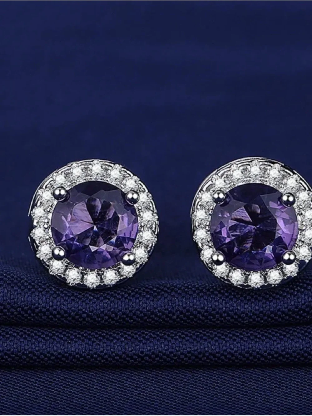 Amethyst Halo Crystal Silver Stud Earrings